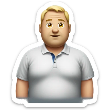 a fat man wears a polo shirt with fat text sticker