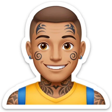 man with bold face tattoos, happy face, wearing a colorful jersey sticker