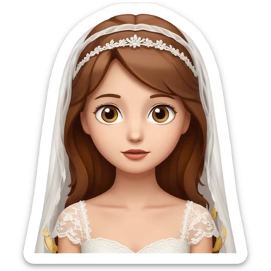 Brown-haired bride in a white wedding dress and veil, eyes looking upward with a curious expression, cute emoji style. sticker