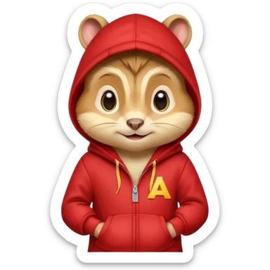 Portrait of a cute cartoon chipmunk with light brown and beige fur, wearing a red hoodie no zip with a yellow 'A' on it, big round eyes, small nose, and a mischievous grin, front-facing, stylized in animated movie style sticker