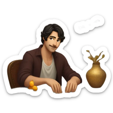 a guy with short dark hair sits at a table, there are Tarot cards on the table sticker