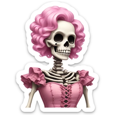 Skeleton wearing a pink laced corset top with ruffles  sticker