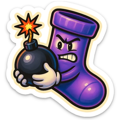 A purple sock with a clutch face, holding a bomb, representing a clutch moment or intense situation. sticker