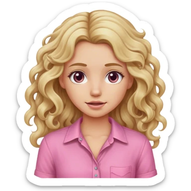 Blonde girl with long curly dirty blonde hair in a pink shirt portrait  sticker
