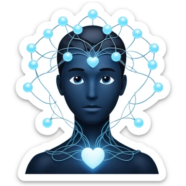 elegant man silhouette with delicate interconnected lines and floating orbs, luminous cores at head and heart, soft white-blue light sticker