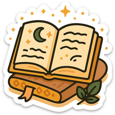  cute open book lying on a cozy surface, designed in a soft and magical color palette: golden orange (FA9B41), deep forest green (4A7C5C), warm taupe brown (96775A), and pastel peach (FFCC9A). The pages are slightly aged with gentle curves, featuring whimsical illustrations, tiny stars, and elegant handwritten text. The book cover, visible beneath the open pages, has decorative patterns and a ribbon bookmark in peach and green tones. Around the book, add soft light, a few leaves, or glowing sparkles, creating a dreamy, enchanted, storybook-like atmosphere. The overall mood is warm, magical, and gentle sticker