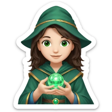 A teen brunette mage with tousled hair, holding a tiny glowing orb and smiling confidently. sticker