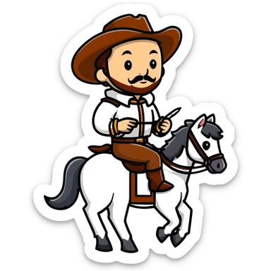 Cowboy Shakespeare with ruff collar and quill pen on a horse sticker