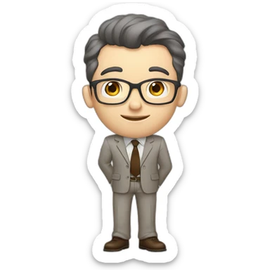 Pale skinned fit man with dark brown hair in gray jacket, beige office shirt, brown tie, brown pants and vintage glasses Writing on the flipchart sticker