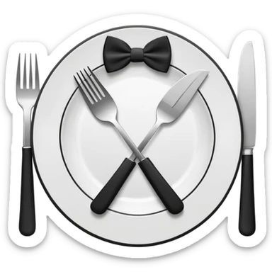 Minimalistic flat vector icon, iOS style, thin black contour on white background. Fork and knife crossed on a plate with a small bow tie above. Clean, no text, no shadows sticker