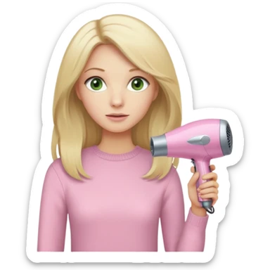 blonde with long hair and pale green eyes, wearing a beige sweater, holding a pink Dyson hair dryer, iOS emoji style sticker