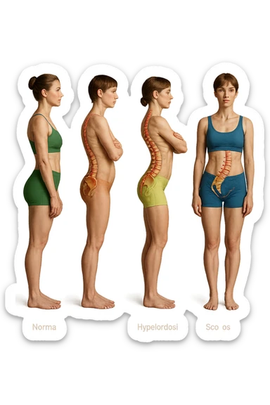 fai un immagine identica che riguarda 3 posture scorrette: scoliosi, ipercifosi e iperlordosi. falla iperrealistica anatomica in 4k con spina dorsale storta in evidenza su ogni figura sticker
