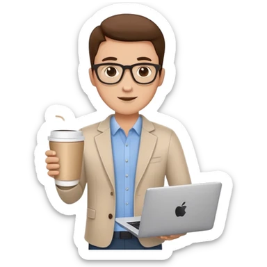 business owner confidently, holding a closed laptop in one hand and a takeaway coffee cup in the other. The character wears casual-smart clothes. sticker