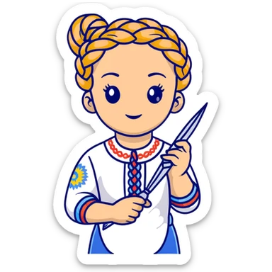 Ukrainian young girl with braided hair wearing a white embroidered traditional shirt (vyshyvanka) holding scissors and colorful craft paper sticker
