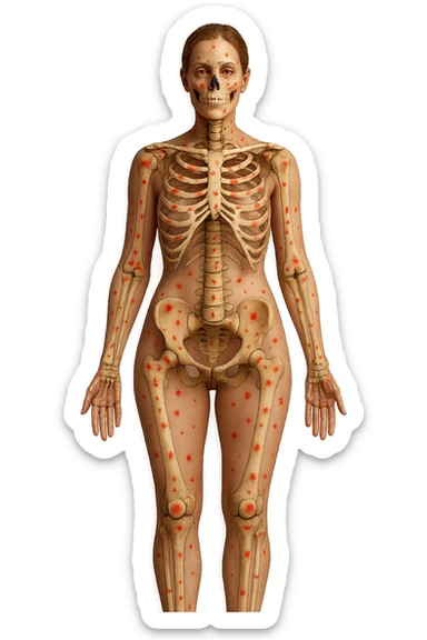 corpo umano anatomico di una donna affetta da fibromialgia, red spot sparsi sulle sue ossa, iperrealistica 4k sticker
