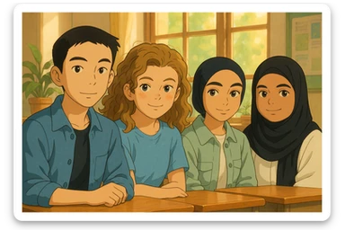 Transform these four students into Ghibli-style characters sitting together in a warm and bright classroom, following a course. Maintain the diversity and distinctive traits of each student. The background should be a classroom setting with a cozy and luminous atmosphere, capturing the essence of Ghibli animation style. sticker