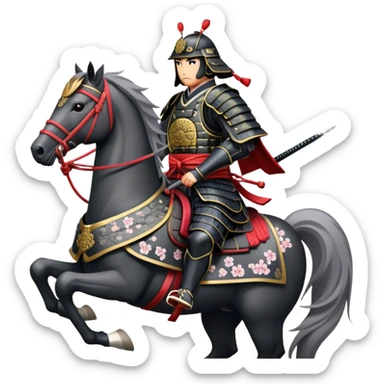 clash-of-clans-aesthetic_-cinematic-fearsome-and-majestic-samurai-bust-portrait-emoji, rendered in a flat, vector-style with minimal shading and bold, simplified shapes typical of emoji art, depicting a battle-hardened samurai with steely eyes and traditional black Japanese armor. The samurai is riding a noble grey warhorse adorned with an intricately designed saddle and fluttering banners, against a backdrop of cherry blossoms and a rising sun. a samurai on a   horse sticker