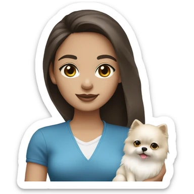 Brunette girl with light skin and blue eyes holding a white pomeranian  sticker