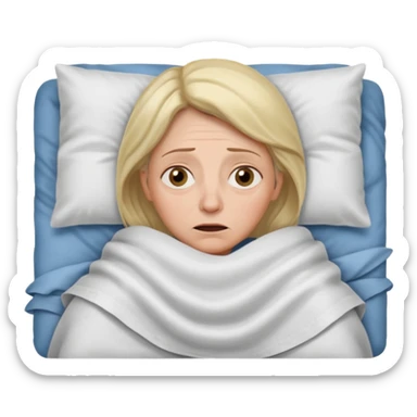 A 55-year-old woman lying in bed, unable to sleep. She looks exhausted and desperate, with visible dark circles under her eyes, tired facial expression. She is under the blankets, staring at the ceiling.  sticker
