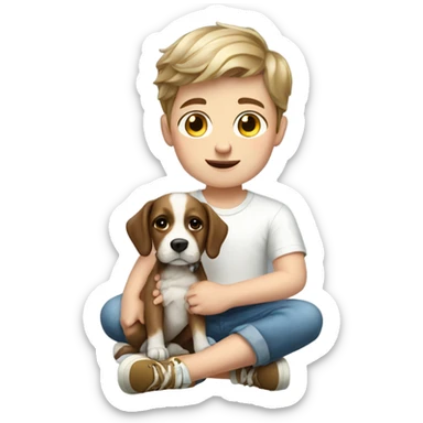 Realistic white brunette boy wearing shorts with a dog on its lap sticker