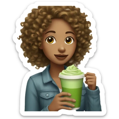 curly hair girl holding matcha latte  sticker