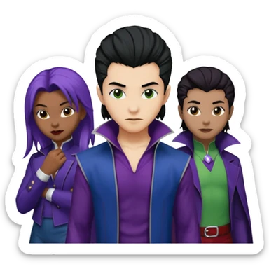 Solo poly platonic relationship, one African girl, one Asian boy, one biracial features Asian tomboy girl rat-tail hair long and upper masculine hair 90s, vampire and marvel cosplay elements inspired  use marvel colours, like instead of obvious human, green purple blue etc,  sticker