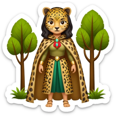 forest sticker character, latina woman dressed as jaguar spirit, spotted cloak, confident stance sticker