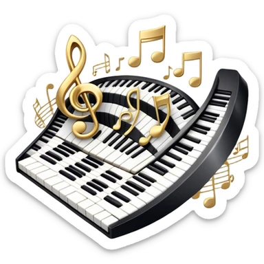 Create an elegant and festive emoji collage representing keyboard instruments, styled like a heraldic emblem. The design should feature a central focal point of black and white piano keys, arranged in a semi-circular or shield-like shape. Around the piano keys, add intertwining musical notes that form flowing ribbons, creating a dynamic and celebratory atmosphere. The design should be professional, with polished silver and gold accents on the keys and notes, highlighting the luxury and sophistication of the instruments. Add subtle shading and lighting effects to give the design a refined, 3D appearance. The background should remain transparent, and the overall feel should evoke grandeur, artistry, and a sense of celebration. sticker