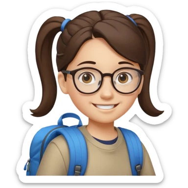 student brunet kid girl, ponytail wearing glasses with backpack sticker