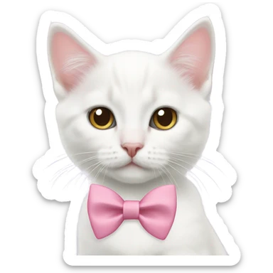 A white kitten wearing a pink bow tie sticker