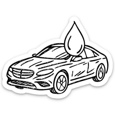 hand-drawn outlined icon of a full high-end vehicle with glossy black paint, strong shine and reflections, water droplet sliding on the surface, subtle repellent effect, clean and modern sticker