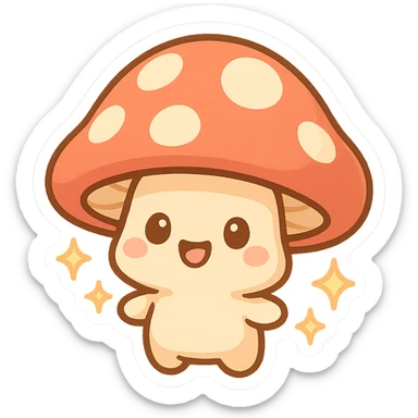 chibi sticker-style mushroom with sparkles, cute and exaggerated sticker