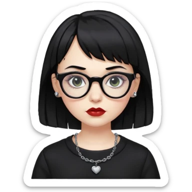 white woman with medium length black hair and baby bangs, glasses, with goth makeup and clothing  sticker