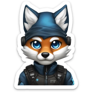 male fox, fur color 3575b, blue eyes, blue ears, black eyebrows, slim body, cyberpunk clothes, black gloves, sticker