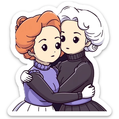 Two Victorian women with grey eyes in a sad, intimate hug. One has bright white coiffed hair, one has dark copper coiffed hair. Both wearing Victorian turtleneck dresses with arms tightly around each other. sticker