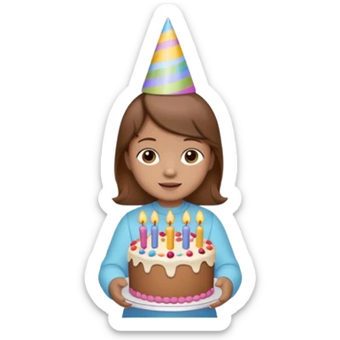 with brown hair cute baby wearing birthday hat with birthday cake sticker