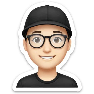 "- Nam
- 25 tuổi
- Da trắng
- Đầu đội mũ lưỡi trai đen
- Đeo kính
- Cười tươi
" sticker