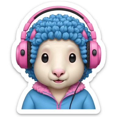 blue curly haired sheep with headphone and pinkcostumes  sticker