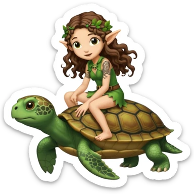tiny forest elf long curly brown hair tattoos riding turtle sticker