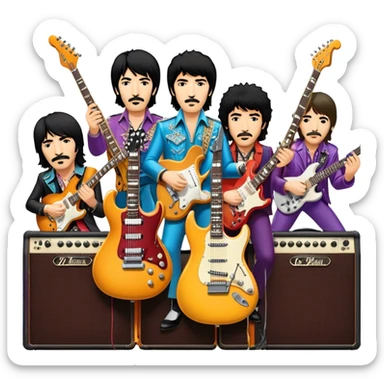 Rock music icon: collage of legendary rock stars—The Beatles, Jimi Hendrix, Elvis Presley, Queen, Nirvana, Led Zeppelin. Electric guitars, amplifiers, and microphones surrounded by vibrant stage lights and musical notes. Transparent background. sticker