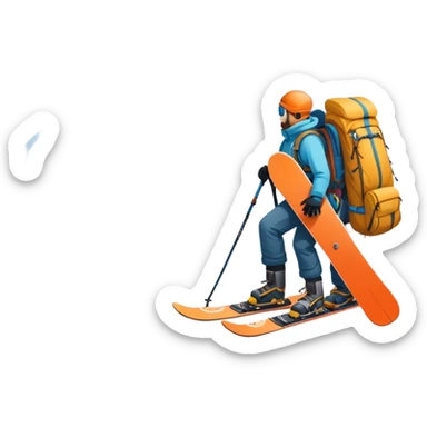 Icon for Mountain Tourism: a snow-covered peak in the distance, with skis, a snowboard, climbing gear, a backpack, and a camera. The icon should represent the adventure and exploration of mountain landscapes. Transparent background. sticker