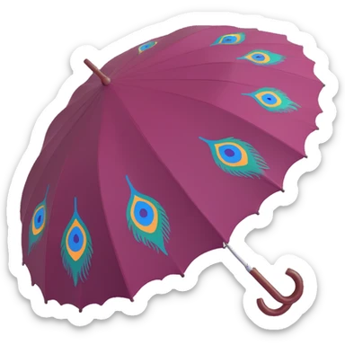 burgundy umbrella with a peacock feather pattern in 3D emoji style sticker