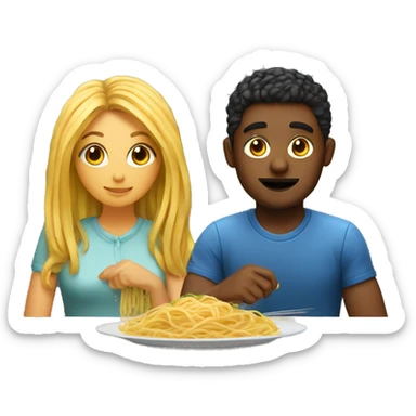 one girl and one guy sitting together at a table with spaghetti on the table sticker