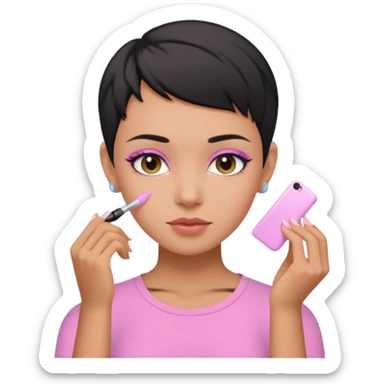 tan girl with no makeup pink shirt with black hair & a pixie, cut no earrings, doing pastel colors skin care sticker