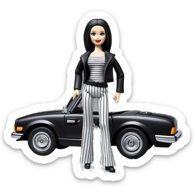 Princess Leia Barbie, 1971 teen Morticia Addams from academy, in dark-gray and black striped outfit. Smiling Driving Mercedes convertible sports car. Very Pale-white porcelain skin.  sticker