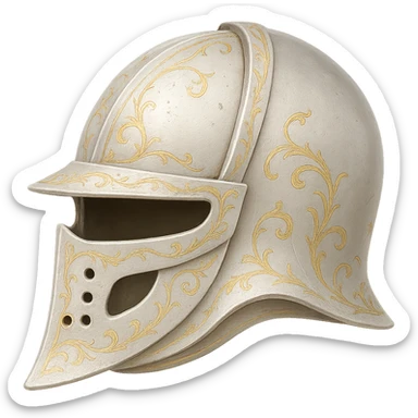 Recolor the helmet to a very light metallic silver color with subtle, elegant gold engravings. The gold should be soft and not too yellow or green, matching the gold tone and style of the provided silver shield reference. Transparent background. sticker