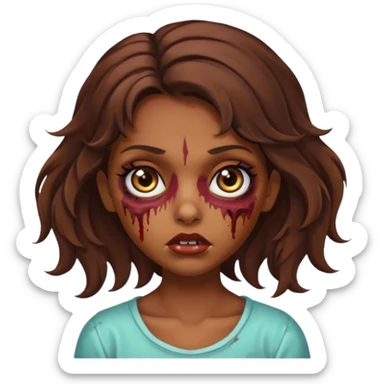 Garota zumbi com cabelos castanhos ondulados médio, olhos castanhos grandes e cílios longos  sticker