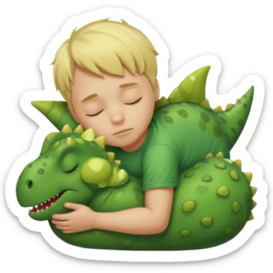 Blond boy sleeping wearing green dinosaur t-shirt sticker