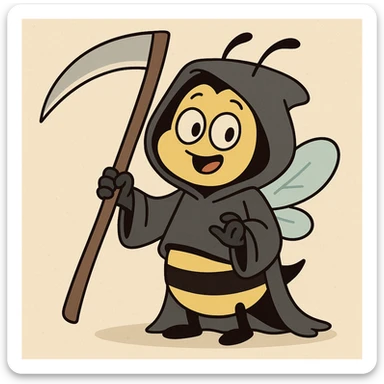cartoon bee dressed as a playful and cute grim reaper, holding a scythe sticker