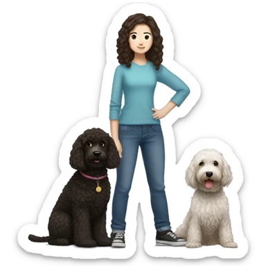 Short haired Brunette girl with blue eyes holding a black and white golden doodle sticker